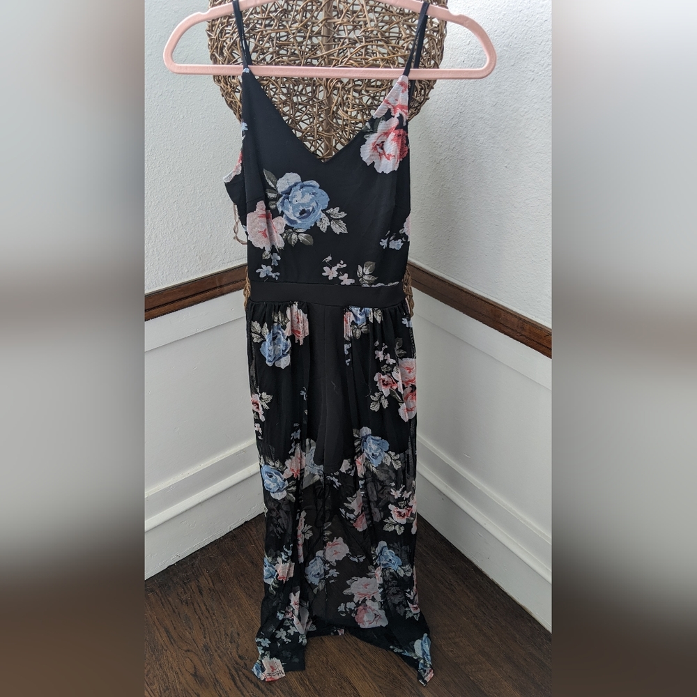 Black Floral Romper with Sheer Overskirt